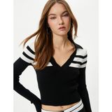 Koton Polo Yaka Çizgili Crop Triko Kazak Uzun Kollu Dar Kalıp - XS - Siyah