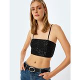Koton Pullu Payetli Ince Askılı Crop Atlet - Siyah