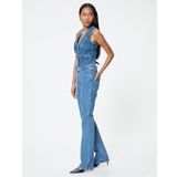 Koton Pullu Payetli Kot Pantolon Yüksek Bel Yırtmaç Detaylı - Victoria Slim Flare Jeans