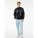 Koton Regular Fit Fermuarlı Cepli Kolej Yaka Bomber Suni Deri Ceket - Siyah - XL