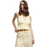 Koton Sırt Detaylı Slim Fit Fırfırlı Kolsuz Viskon Karışımlı Halter Yaka Crop Bluz - Sarı - 38