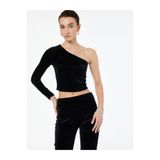 Koton Slim Fit Asimetrik Yaka Uzun Kollu Crop Tek Omuz Kadife Bluz