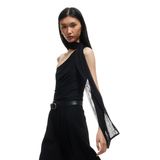 Koton Slim Fit Bağlama Detaylı Tül Detaylı Tek Omuz Bluz