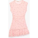 Koton Slim Fit Bisiklet Yaka Drapeli Asimetrik Kesim Çiçekli Mini Tül Elbise - Pembe