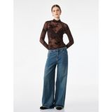 Koton Slim Fit Dik Yaka Uzun Kollu Çiçekli Tül Bluz - Kahve
