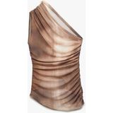 Koton Slim Fit Drape Detaylı Batik Desenli Tek Omuz Bluz - Kahverengi