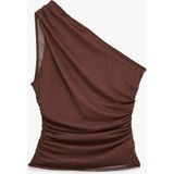 Koton Slim Fit Drapeli Tül Tek Omuz Bluz - Kahve - XL