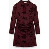 Koton Slim Fit Drapeli Uzun Kollu Dik Qipao Yaka Çiçekli Tül Mini Elbise - XS - Bordo