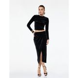 Koton Slim Fit Drapeli Yırtmaçlı Kruvaze Midi Kadife Etek - Siyah - XS