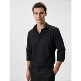 Koton Slim Fit Gömlek Yarım Italyan Yaka Düğmeli Dokulu - Siyah