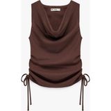 Koton Slim Fit Kolsuz Bürümcük Bağlama Detaylı Degaje Yaka Büzgülü Bluz - Kahverengi