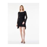 Koton Slim Fit Uzun Kollu Drape Detaylı Degaje Yaka Çiçekli Tül Mini Elbise