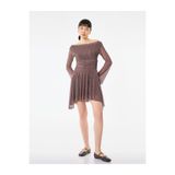 Koton Slim Fit Uzun Kollu Drapeli Madonna Yaka Asimetrik Puantiyeli Mini Tül Elbise