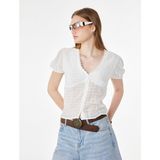 Koton Slim Fit V Yaka Dantel Detaylı Pamuk Viskon Karışımlı Düğmeli Kısa Balon Kol Bluz - 38 - Beyaz