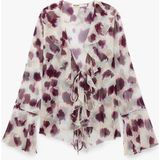 Koton Soyut Desenli V Yaka Uzun Kollu Bağcık Detaylı Volanlı Şifon Gömlek - 38 - Beyaz