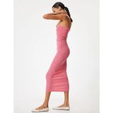 Koton Straplez Elbise Midi Bodycon Bürümcük Kolsuz Drapeli Slim Fit - Pembe