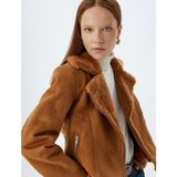 Koton Suni Süet Biker Ceket Peluş Peluş Astarlı Fermuarlı - Kahve - 38