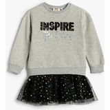 Koton Sweat Elbise Tül Etekli Pul Payet Işlemeli Uzun Kollu Bisiklet Yaka - Gri - 9 - 10 Yaş