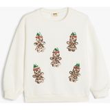 Koton Sweatshirt Yılbaşı Temalı Pullu Payetli Kurabiye Adam Baskılı Uzun Kollu Bisiklet Yaka - Ekru - 6 - 7 Yaş