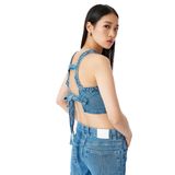 Koton Taş Detaylı Sırtı Bağcıklı Crop Kolsuz Denim Bluz