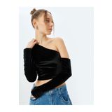 Koton Tek Omuz Asimetrik Yaka Uzun Kollu Crop Kadife Tişört