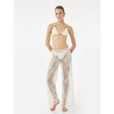 Koton Transparan Floral Dokulu Geniş Paça Dantel Pareo Pantolon - Ekru - Straight