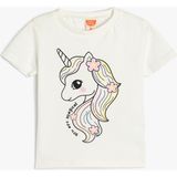 Koton Unicorn Baskılı Kız Çocuk Tişört Uzun Kollu Pamuklu Ekru Renk Regular Fit - 18 - 24 Ay