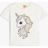 Koton Unicorn Baskılı Kız Çocuk Tişört Uzun Kollu Pamuklu Ekru Renk Regular Fit - 24 - 36 Ay