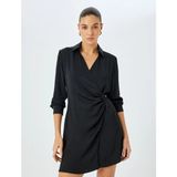 Koton Uzun Kollu Drape Detaylı Mini Boy Kruvaze Gömlek Elbise - Siyah - 36