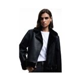 Koton Uzun Kollu Fermuarlı Suni Kürk Astarlı Kruvaze Suni Deri Biker Crop Ceket Siyah 6wak20091ew Siyah