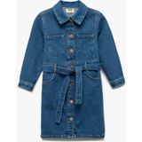 Koton Uzun Kollu Pamuklu Kuşak Detaylı Cepli Düğmeli Gömlek Yaka Denim Elbise - Lacivert - 9 - 10 Yaş
