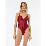 Koton V Yaka Askılı Dantel Detaylı Saten Bodysuit - Kırmızı