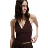 Koton Viskon Halter Yaka Boyundan Bağlamalı Kolsuz Gipeli Crop Bluz - Kahve - 38
