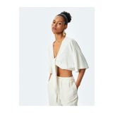 Koton Viskon Keten Karışımlı Kimono Kol Bağlama Detaylı Crop Bluz