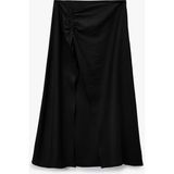 Koton Viskon Kumaş Çan Kesim Büzgülü Yırtmaç Detaylı Midi Etek - Siyah - 34