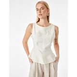 Koton Viskon Kumaş Floral Dokulu Kolsuz Bisiklet Yaka Peplum Bluz - Ekru - 36