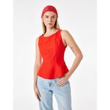 Koton Viskon Kumaş Floral Dokulu Kolsuz Bisiklet Yaka Peplum Bluz - Kırmızı - 38