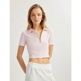 Koton Viskon Kumaş Karışımlı Pötikare Fermuarlı Kısa Kollu Crop Polo Yaka Tişört - Pembe - 2XL