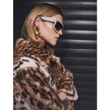 Koton x Melis Ağazat - Leopar Desenli Peluş Kaban Kruvaze Düğmeli Cepli - Kahve - 36
