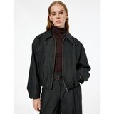 Koton x Melis Ağazat - Uzun Kollu Cepli Fermuarlı Crop Bomber Ceket - Gri - 34