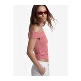 Koton X Sibil Çetinkaya - Slim Fit Drape Detaylı Çizgili Omzu Açık Bluz