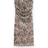 Koton x Zeynep Bastık - Astarlı Slim Fit Drapeli Leopar Desenli Midi Boy Tül Etek 5SAK10085UK - Kahve - XS