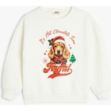 Koton Yılbaşı Temalı Sweatshirt Uzun Kollu Köpek Baskılı Bisiklet Yaka Şardonlu - Ekru - 5 - 6 Yaş