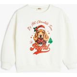 Koton Yılbaşı Temalı Sweatshirt Uzun Kollu Köpek Baskılı Bisiklet Yaka Şardonlu - Ekru - 6 - 7 Yaş