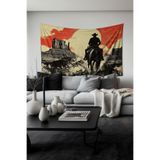 Kovboy ve Gün Batımı Desenli Duvar Halısı Duvar Örtüsü Tapestry Süetimsi Dokulu%100 Polyester Kumaş