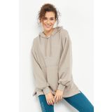 Koyu Bej Balon Kol Yazı Nakışlı Kadın Oversize Tunik Sweatshirt - 97163 | L