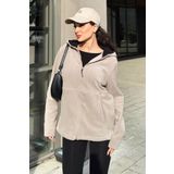 Koyu Bej Kapüşonlu Fermuarlı Rahat Form Kadın Polar Sweatshirt - 97233