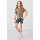 Koyu Bej Pamuklu O Yaka Oversize Fit Basic Kız Çocuk T-Shirt - 75182