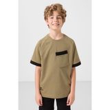 Koyu Bej Pamuklu Yumuşak Dokulu Oversize Cep Detaylı Erkek Çocuk T-Shirt - 11295 - 9 - 10 Yaş