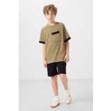 Koyu Bej Pamuklu Yumuşak Dokulu Oversize Cep Detaylı Erkek Çocuk T-Shirt - 11295